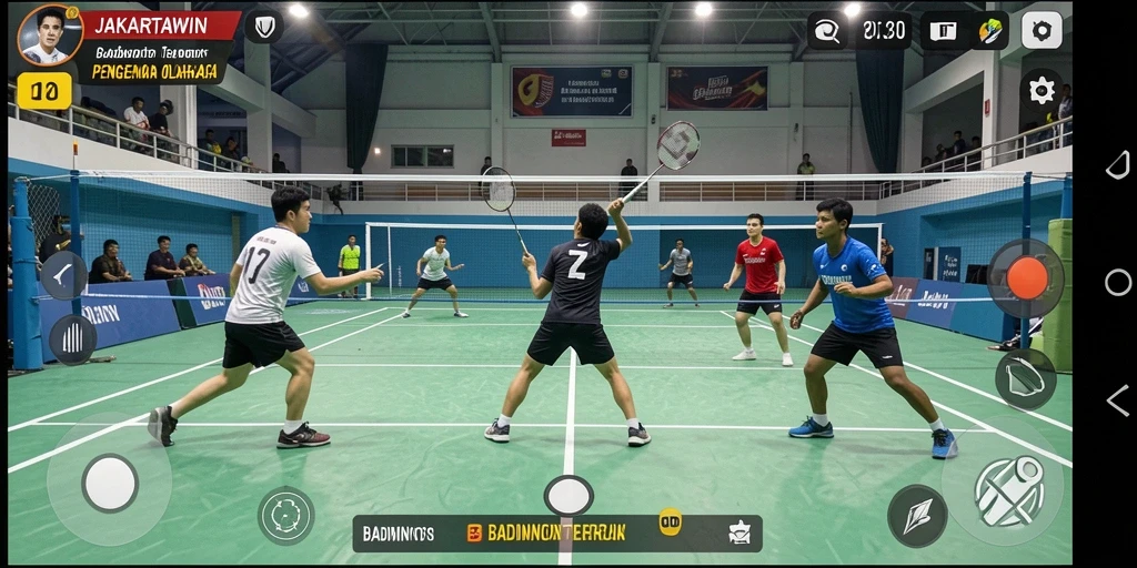 Antarmuka permainan <strong>JAKARTAWIN</strong> yang menarik dengan karakter dan lapangan badminton.