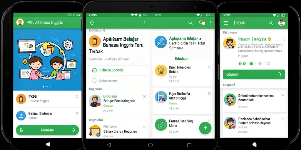 Antarmuka aplikasi PK95 untuk belajar Bahasa Inggris yang interaktif.