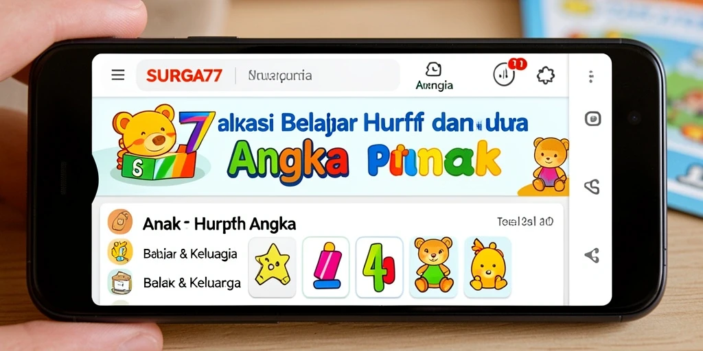 Tampilan antarmuka SURGA77 yang ceria dan interaktif untuk belajar huruf dan angka.